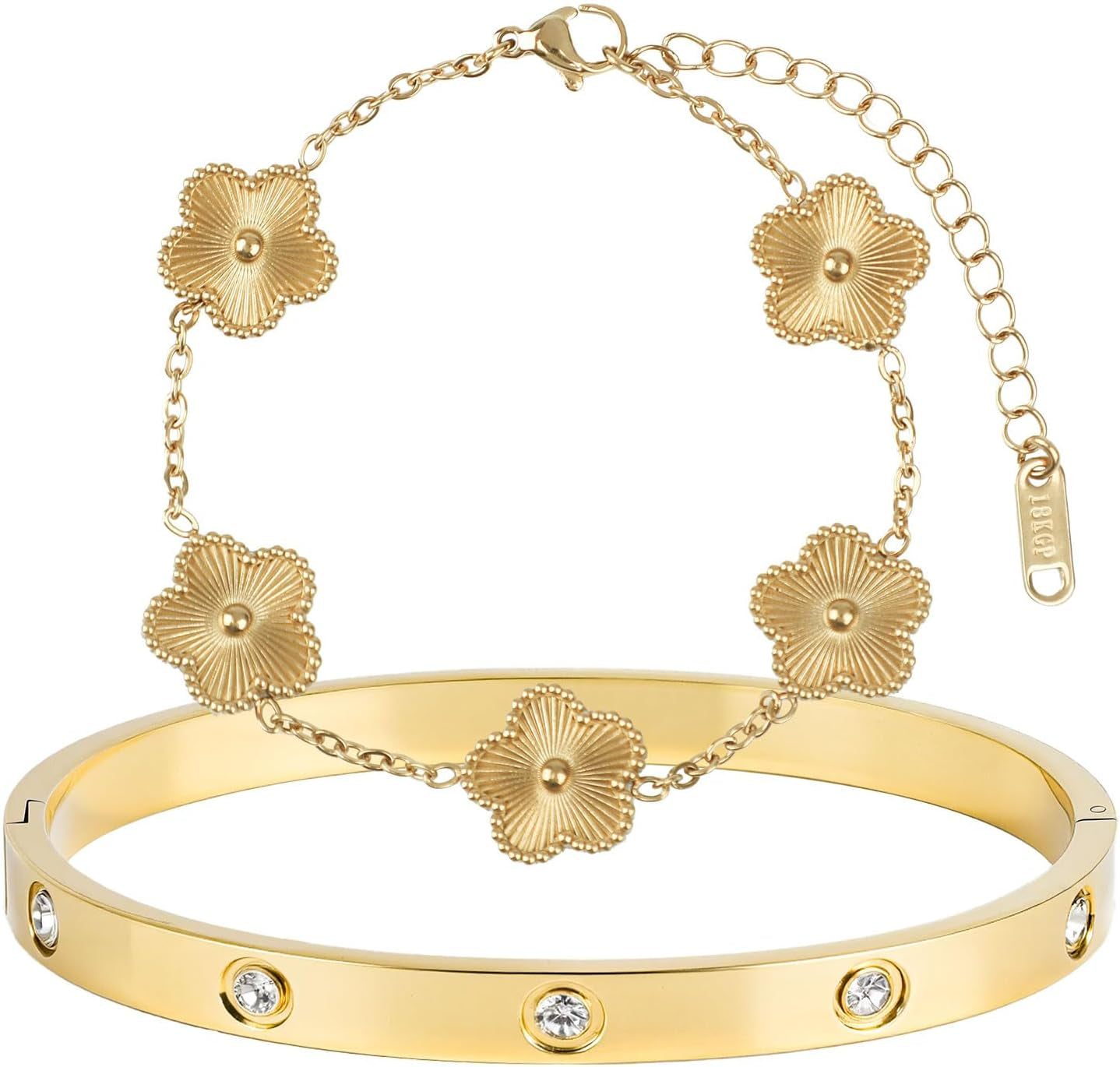 18K Gold Plated Clover Bracelet, Lucky Clover Bracelet Bangle Set for Women