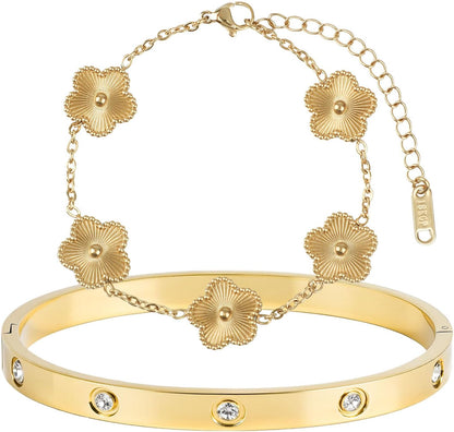 18K Gold Plated Clover Bracelet, Lucky Clover Bracelet Bangle Set for Women