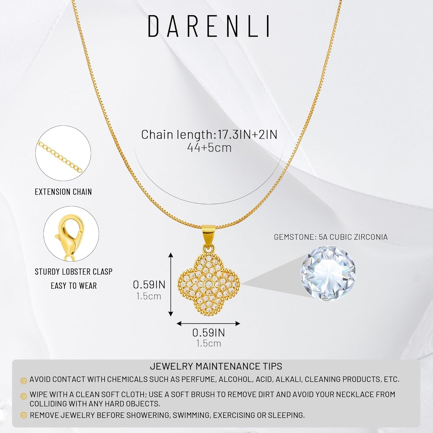 Diamond Four Leaf Clover Necklace for Women, 18K Gold Plated Adjustable Chain with Sparkling CZ Pendant, Elegant and Lucky Fashion Jewelry, Gifts for Women