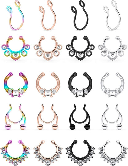 SCERRING Fake Septum Nose Hoop Rings Stainless Steel Faux Lip Ear Nose Septum Ring Non Piercing Clip on Nose Hoop Rings Body Piercing Jewelry Clear CZ 20PCS