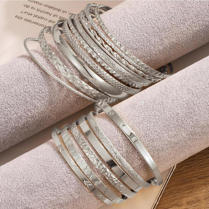 IFKM 5 PACK (35 PCS) Silver Chain Bangles Bracelets Set for Women, Silver Multiple Layered Stackable Open Cuff Bangle Anklet Bracelet Trendy Elegance Link Beads Italian Boho Cuban Jewelry for Women Gift