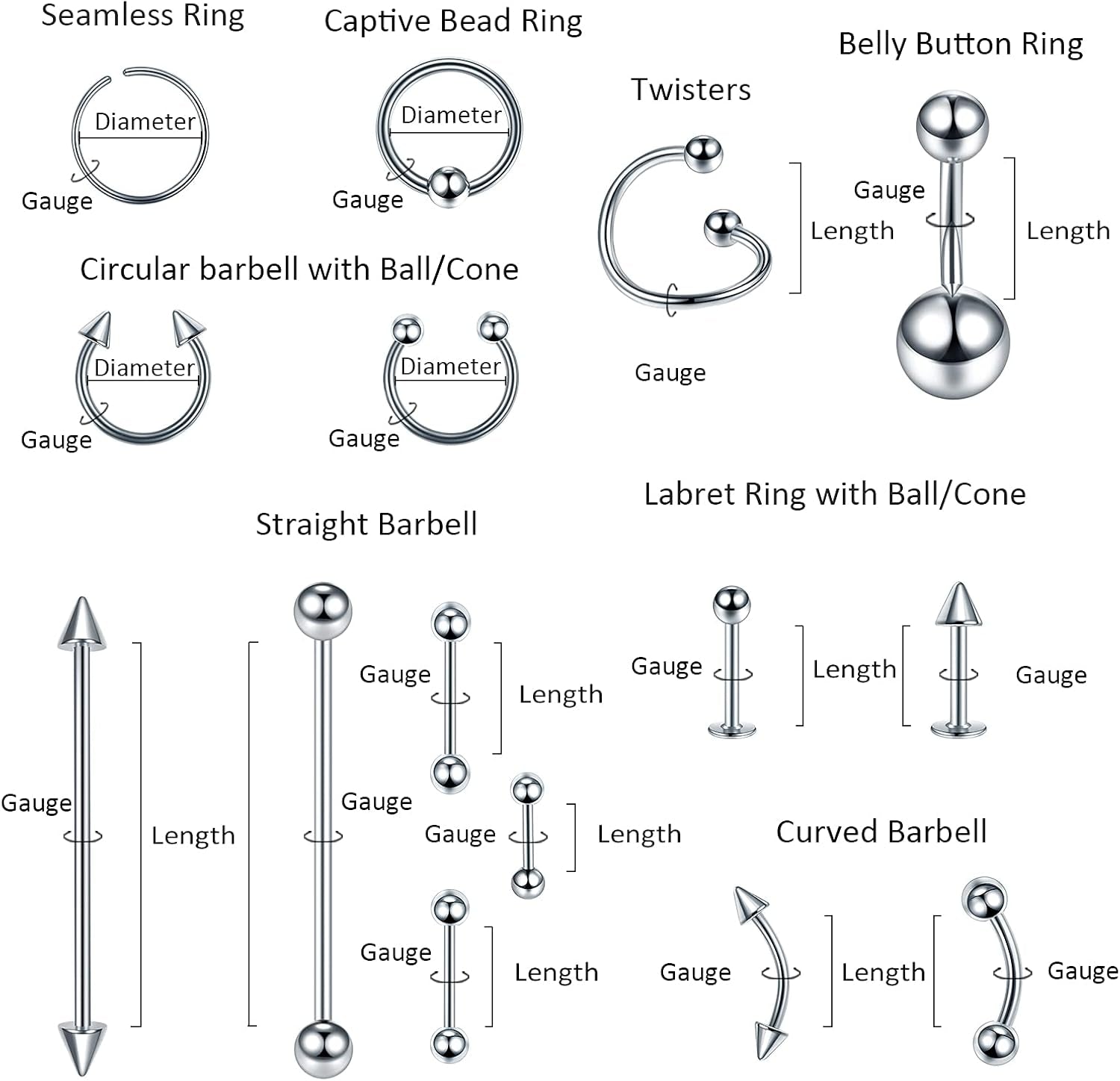 Xpircn 150PCS Piercing Kit Jewelry Stainless Steel Lip Nose Tongue Tragus Cartilage Daith Eeybrow Belly Button Rings Body Piercing Tools 14G 16G 20G