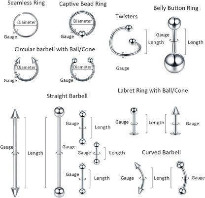 Xpircn 150PCS Piercing Kit Jewelry Stainless Steel Lip Nose Tongue Tragus Cartilage Daith Eeybrow Belly Button Rings Body Piercing Tools 14G 16G 20G