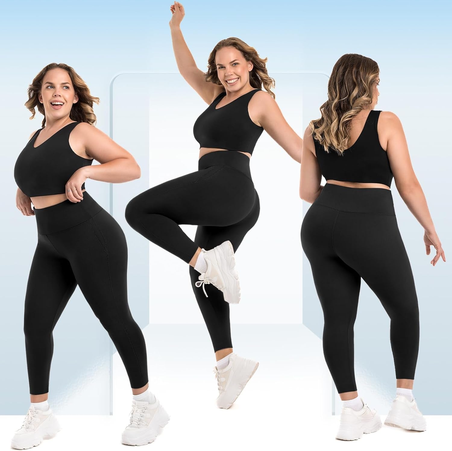 Plus size leggings showing deep side pocket detail and stretchy fabric