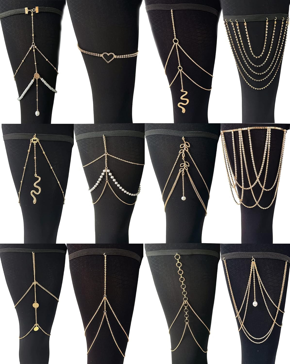 Tornito 12Pcs Thigh Chains Snake Heart Pearl CZ Leg Chain Boho Layered Body Chain Summer Beach Party Body Jewelry for Women Silver Gold Tone
