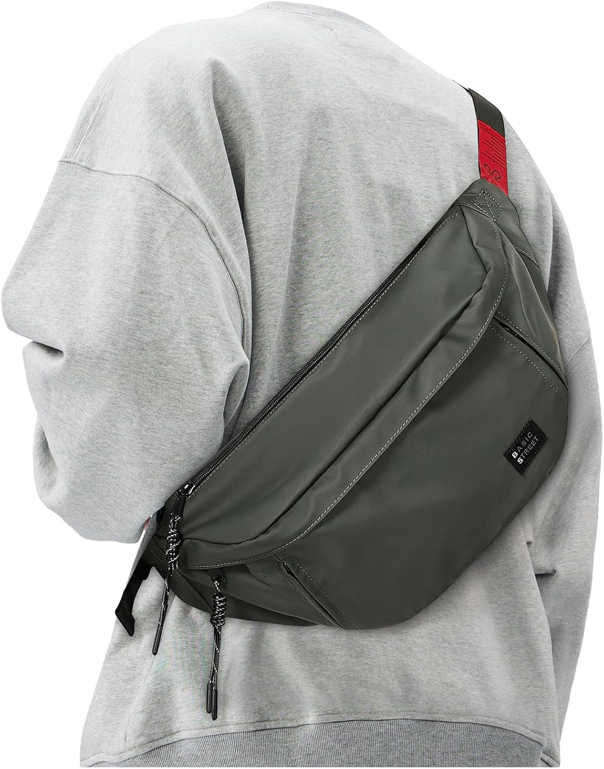 Water-resistant material detail of black crossbody fanny pack