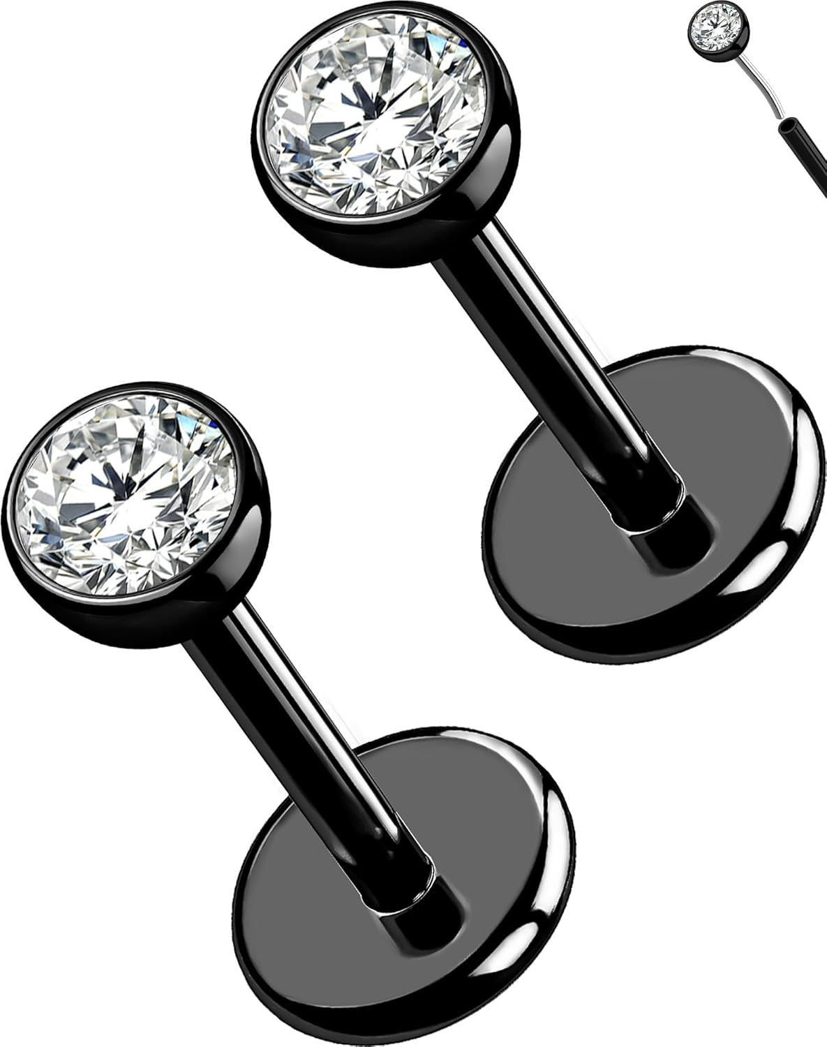 OUFER 2Pcs 20G/18G/16G G23 Titanium Threadless Nose Stud Earrings Flat Back Tiny CZ Small Nose Helix Cartilage Tragus Conch Labret Medusa Monroe Piercing Jewelry for Women Men