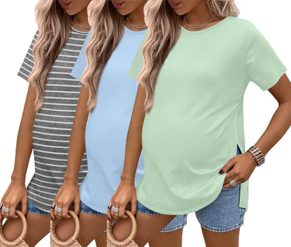 Ekouaer 3 Pack Maternity Shirts Short Sleeve Split Side Pregnancy Tops Casual Pregnant Tunic Blouse
