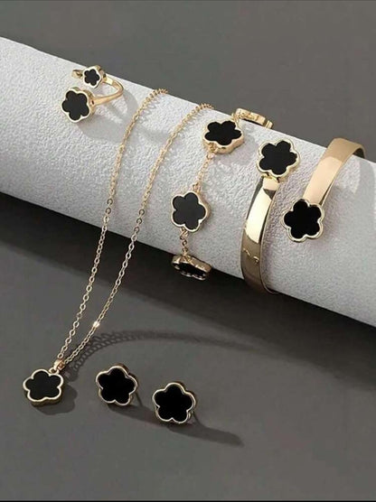 6Pcs/Set Fashion Lucky Clover Design Necklace, Earrings, Bracelet and Ring Jewelry Set, Unisex Jewelry Gift