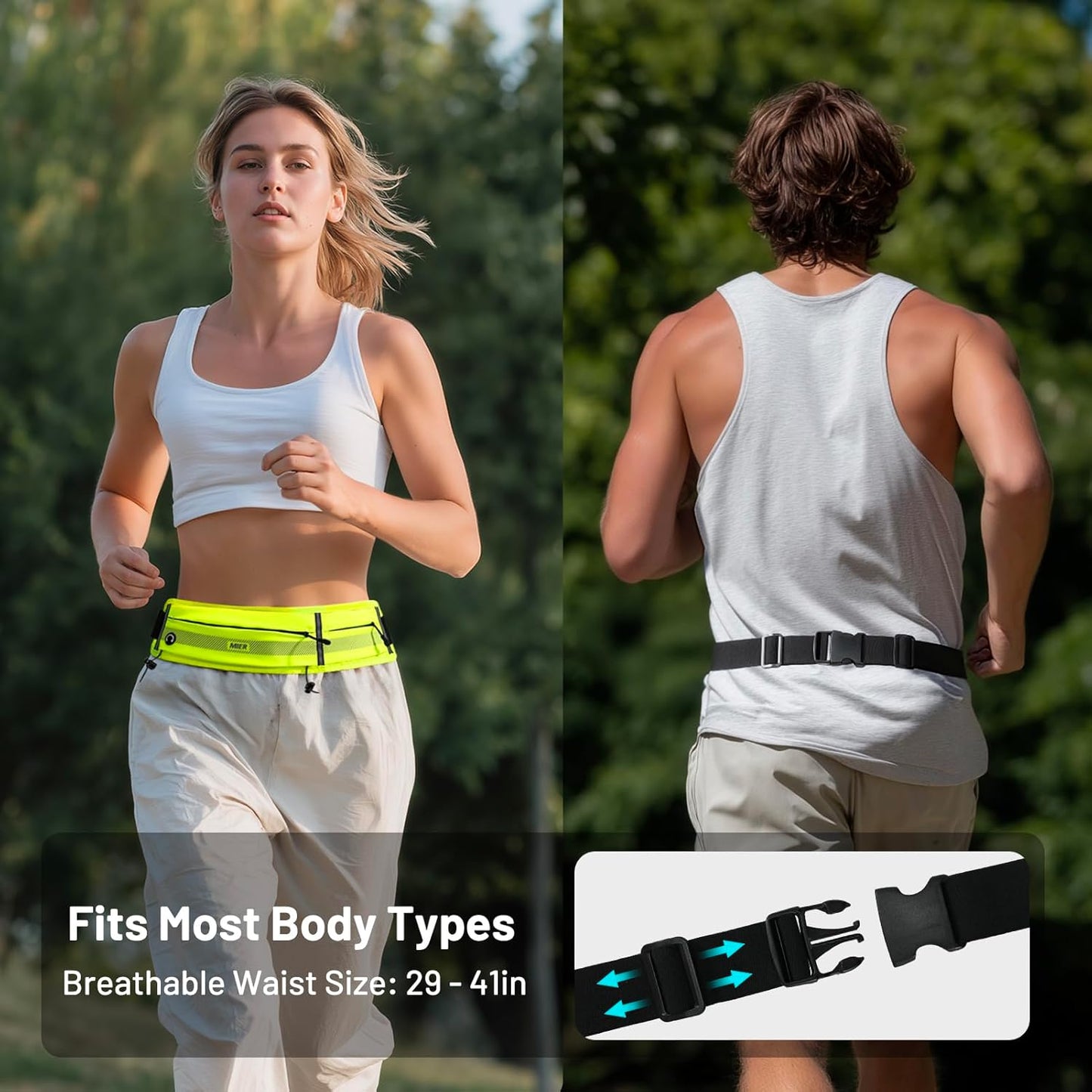 Close-up of reflective strips and marathon bib clip on women's running waist pack