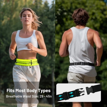 Close-up of reflective strips and marathon bib clip on women's running waist pack
