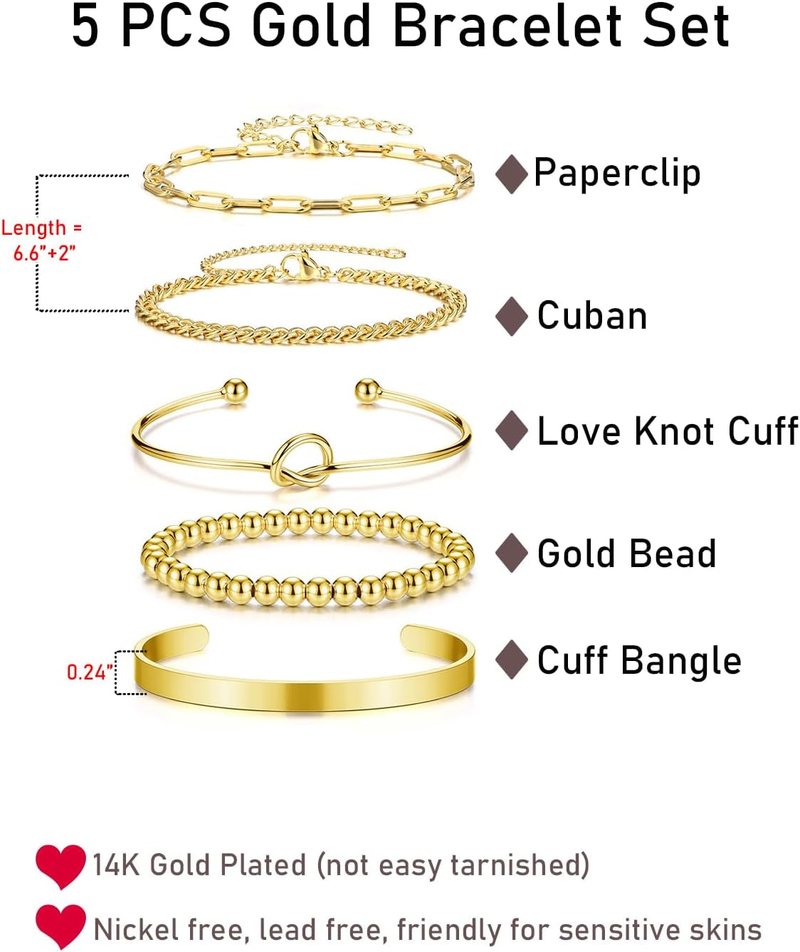 Piercingj Stackable Bracelet Set for Women Dainty Gold Beaded Chain Cuban Link Bracelets Layered Paperclip Love Knot Cuff Bangle Pulsera Jewelry