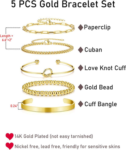 Piercingj Stackable Bracelet Set for Women Dainty Gold Beaded Chain Cuban Link Bracelets Layered Paperclip Love Knot Cuff Bangle Pulsera Jewelry