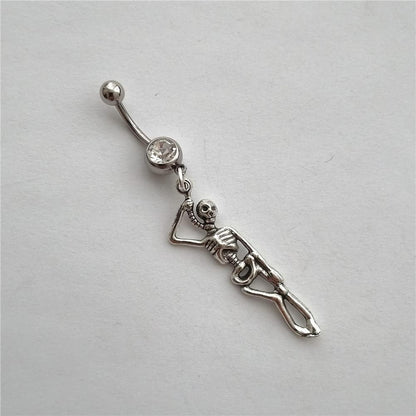 Punk Skeleton Belly Button Ring, Cool Stainless Steel 14G Navel Barbell Ring with Dangle Pendant, Unique Piercing Body Jewelry