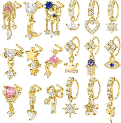 Junkin 18 Pcs 20G Nose Rings Dangle for Women Christmas Nose Rings Gifts L Shaped Stud Hoop Cute Star Heart round Jewelry Dangle Studs Ring for Women Girl Wife Gifts(Gold)