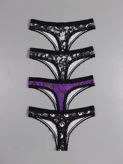 Women's mystical print thong panties set with lace