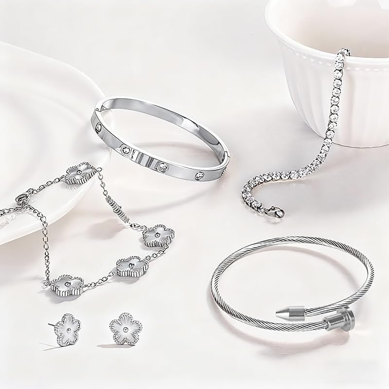 Freinit Bracelets and Earrings Set for Women 5Pcs 18K Gold Plated Nail Love Bangle Bracelet Set Adjustable Bracelet Stackable Flower Tennis Bracelet Gifts for Christmas Valentines Women'S Day and Mother'S Day