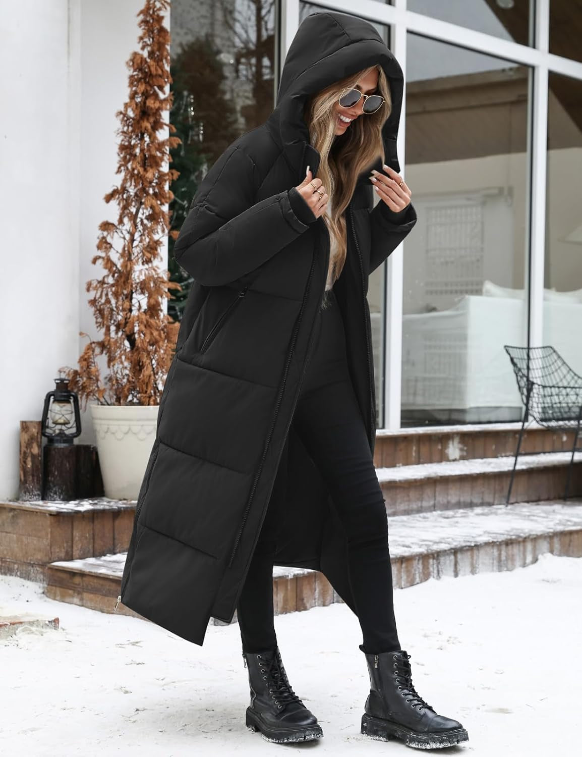 Back view of hooded puffer coat with hem slit details