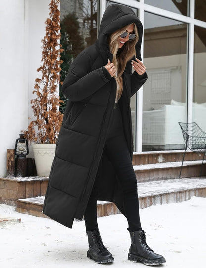 Back view of hooded puffer coat with hem slit details