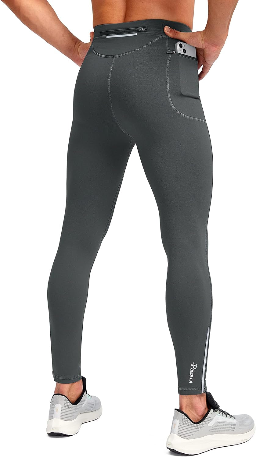 Pudolla Men'S Thermal Running Tights with 3 Zipper Pockets Workout Compression Leggings Cycling Pants for Men Hiking Jogging