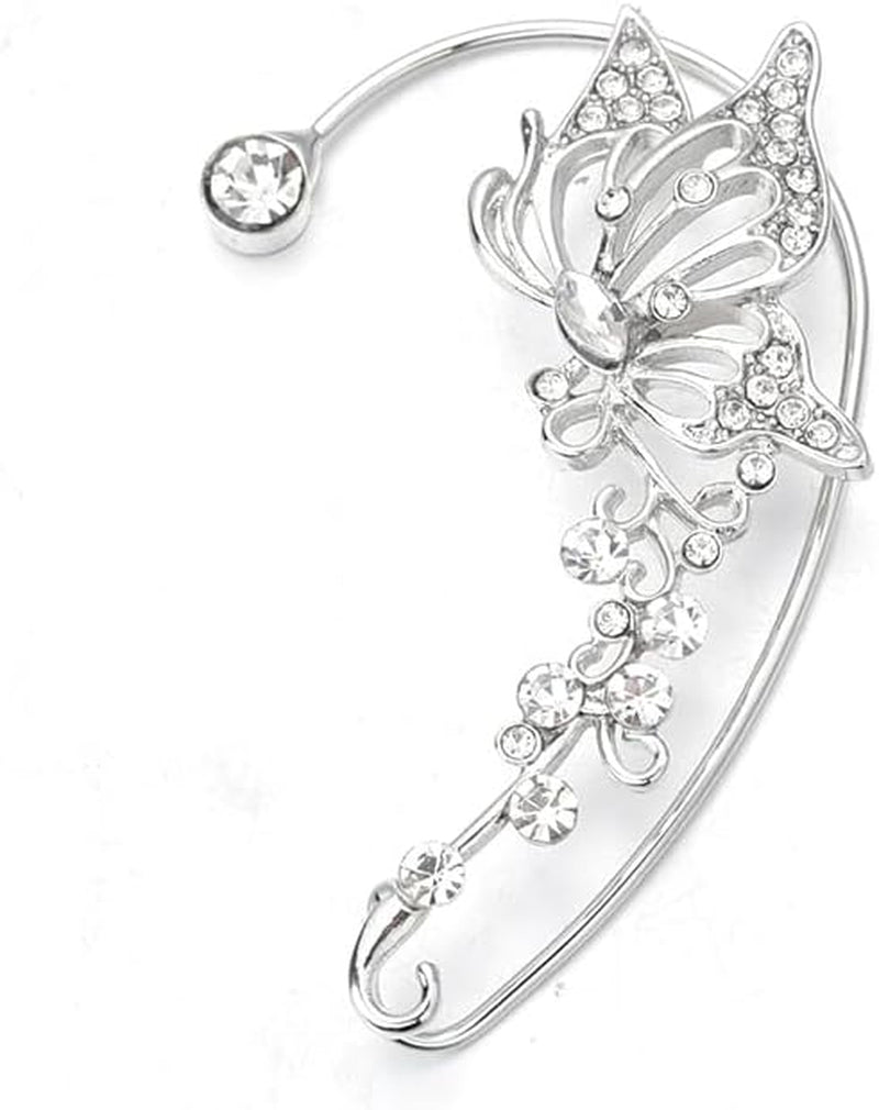 Silver Metal Butterfly Ear Clips without Piercing for Women Sparkling Zircon Ear Cuff Clip Earrings Wedding Jewelry