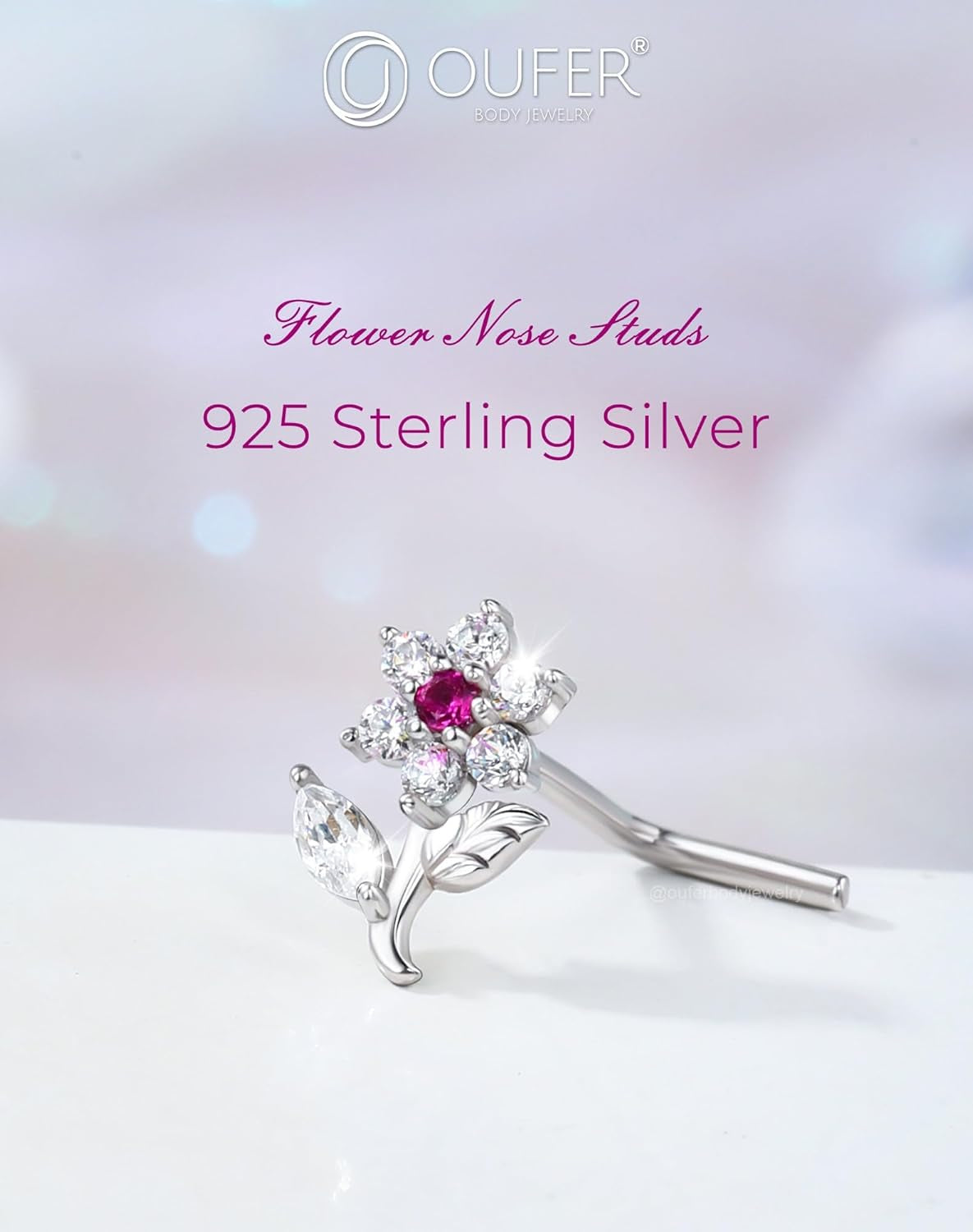 OUFER 925 Sterling Silver Nose Studs, Cute Flower Nose Rings for Women, L-Shaped Pink Clear CZ Nostril Piercing Jewelry-7Mm