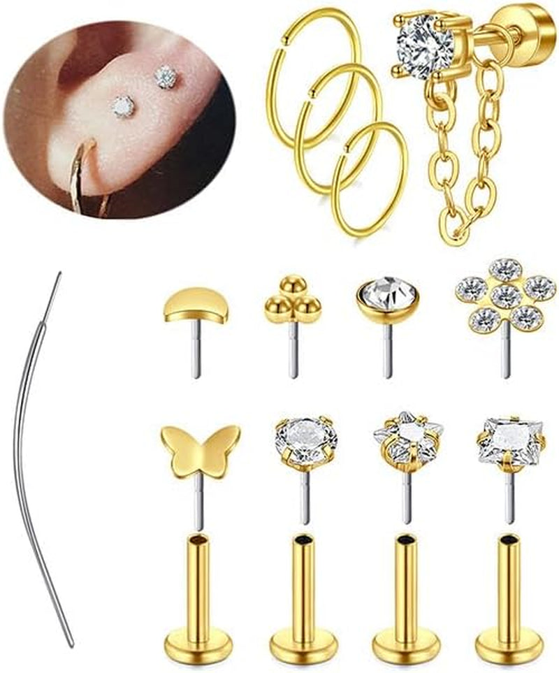 MODRSA 20G 16G Cartilage Earrings for Women Silver Gold Helix Piercing Jewelry Surgical Steel Hypoallergenic Flat Back Earrings Cartilage Hoop for Women Forward Helix Earring Tragus Jewelry Screw Back