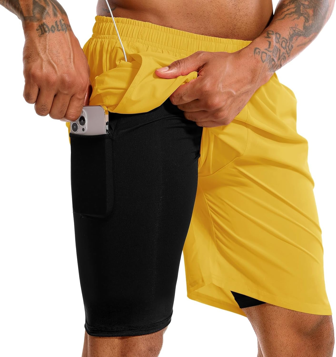 TENJOY Men'S 2 in 1 Running Shorts 5 in or 7 in Quick Dry Gym Athletic Workout Shorts for Men with Phone Pockets