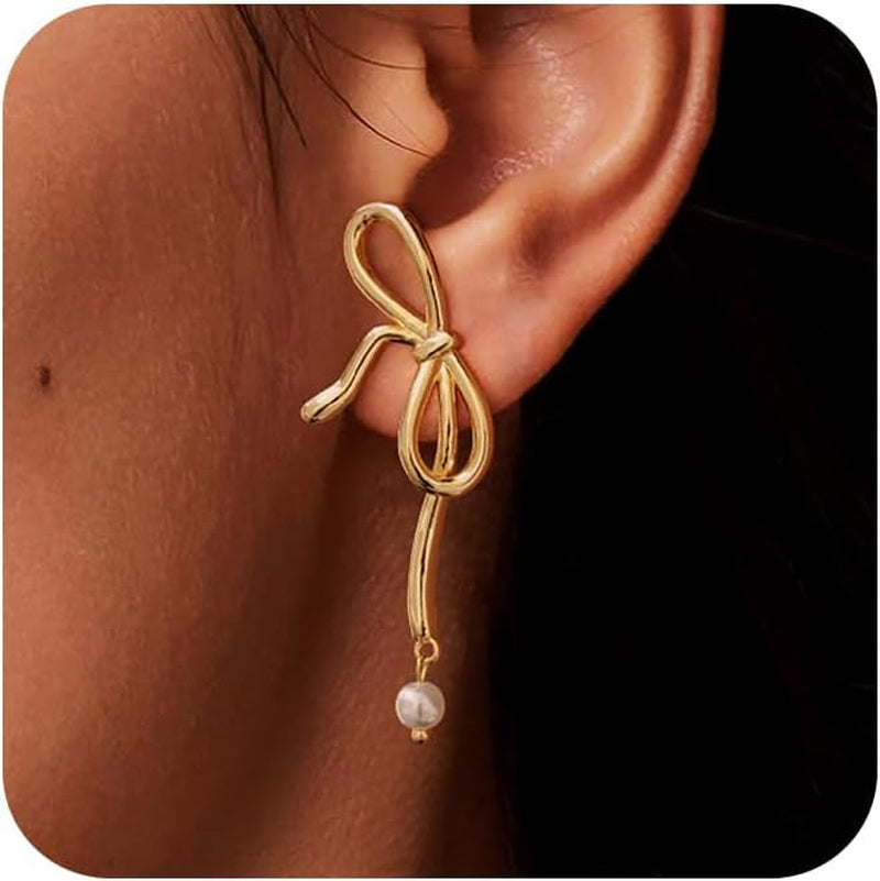 Risamil 14K Gold Plated/Silver Earrings for Women Trendy, Dainty Bow Earrings for Women Cute Pearl Huggie Earring Hoops Twist Rope Bow Stud Pearl Dangle Cubic Zirconia Earrings Jewelry Gifts