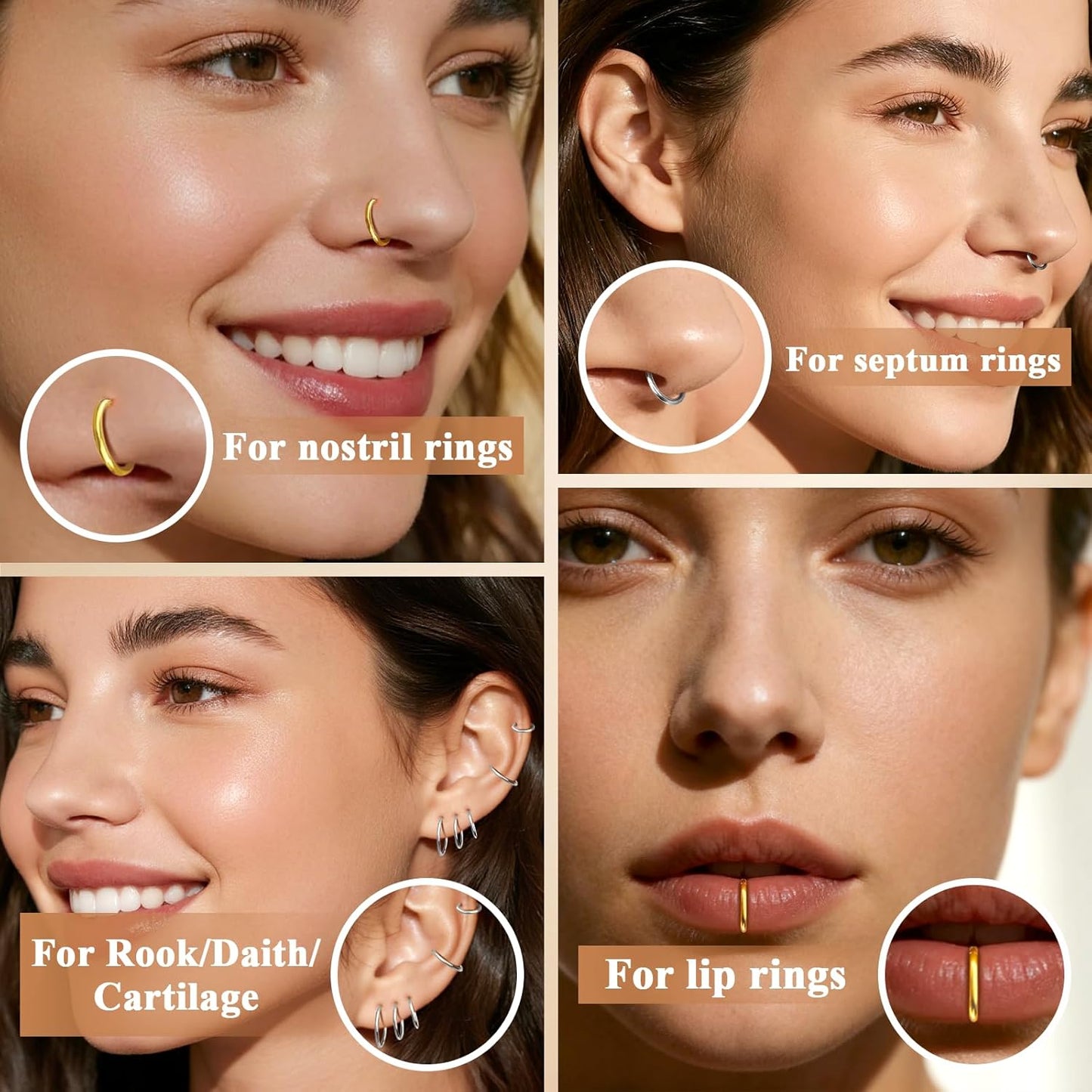 Hypoallergenic 10PCS 16G Large Nose Rings Hoops Set for Women Men, Gold/Silver 316L Surgical Stainless Steel Nose Hoops Hinged Clicker Earrings for Nose Cartilage Body Piercing Jewelry 8/10/12/14/16Mm