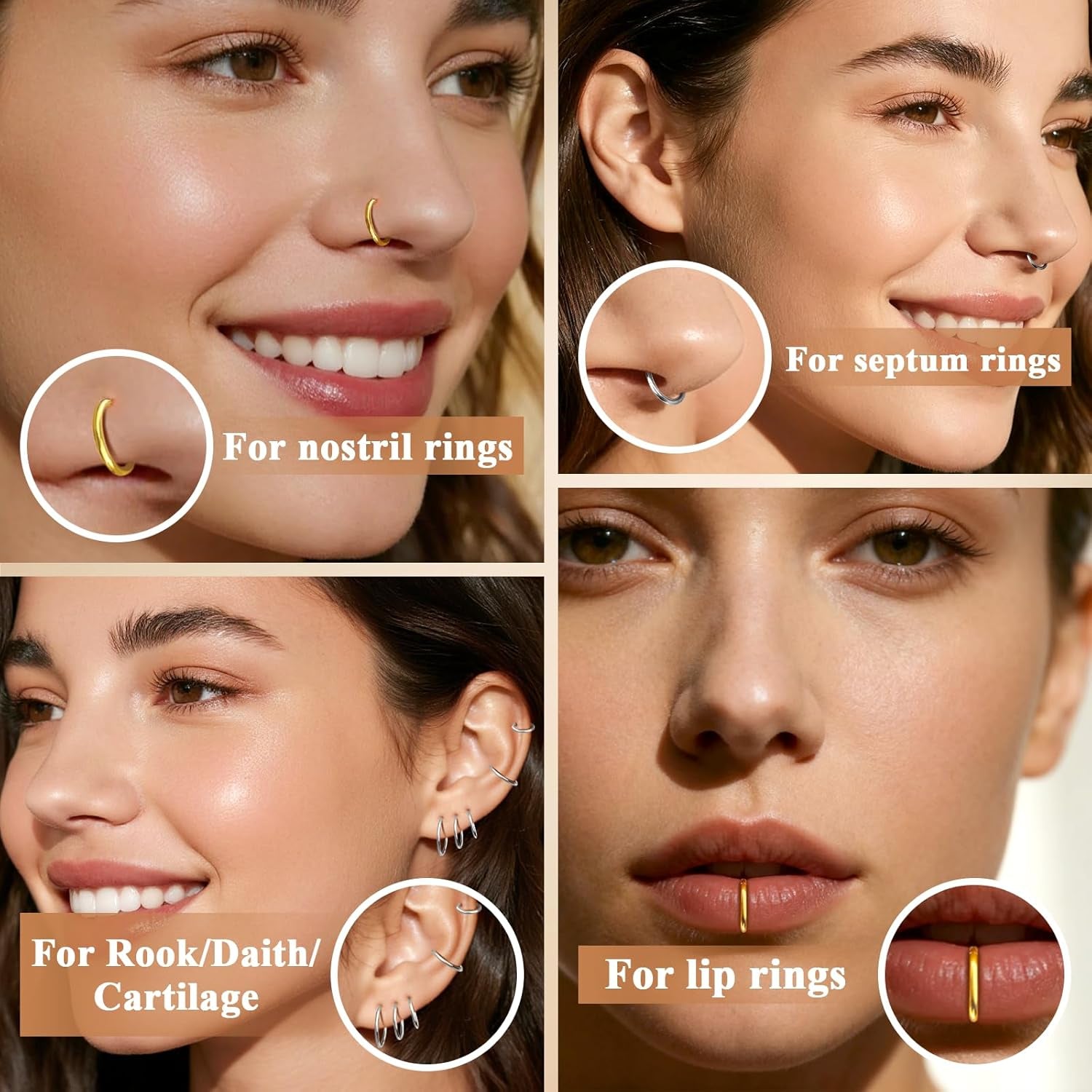 Hypoallergenic 10PCS 16G Large Nose Rings Hoops Set for Women Men, Gold/Silver 316L Surgical Stainless Steel Nose Hoops Hinged Clicker Earrings for Nose Cartilage Body Piercing Jewelry 8/10/12/14/16Mm