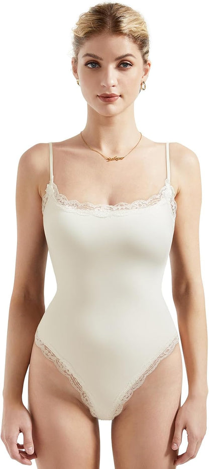 SUUKSESS Women Square Neck Lace Bodysuit Sleeveless Spaghetti Strap Tank Top