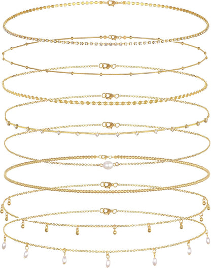 Tornito 8Pcs Waist Belly Chain CZ Heart Pearl Snake Bead Sequin Paperclip Belly Chain Summer Beach Sexy Body Chains Jewelry Accessories for Women Adjustable