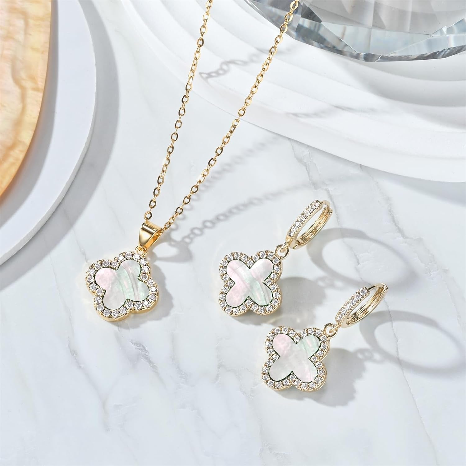 Lucky Clover Sets Clover Necklace and Earrings Set Four Leaf Clover Bracelet 18K Gold Plated Fashion Cute Jewelry for Women