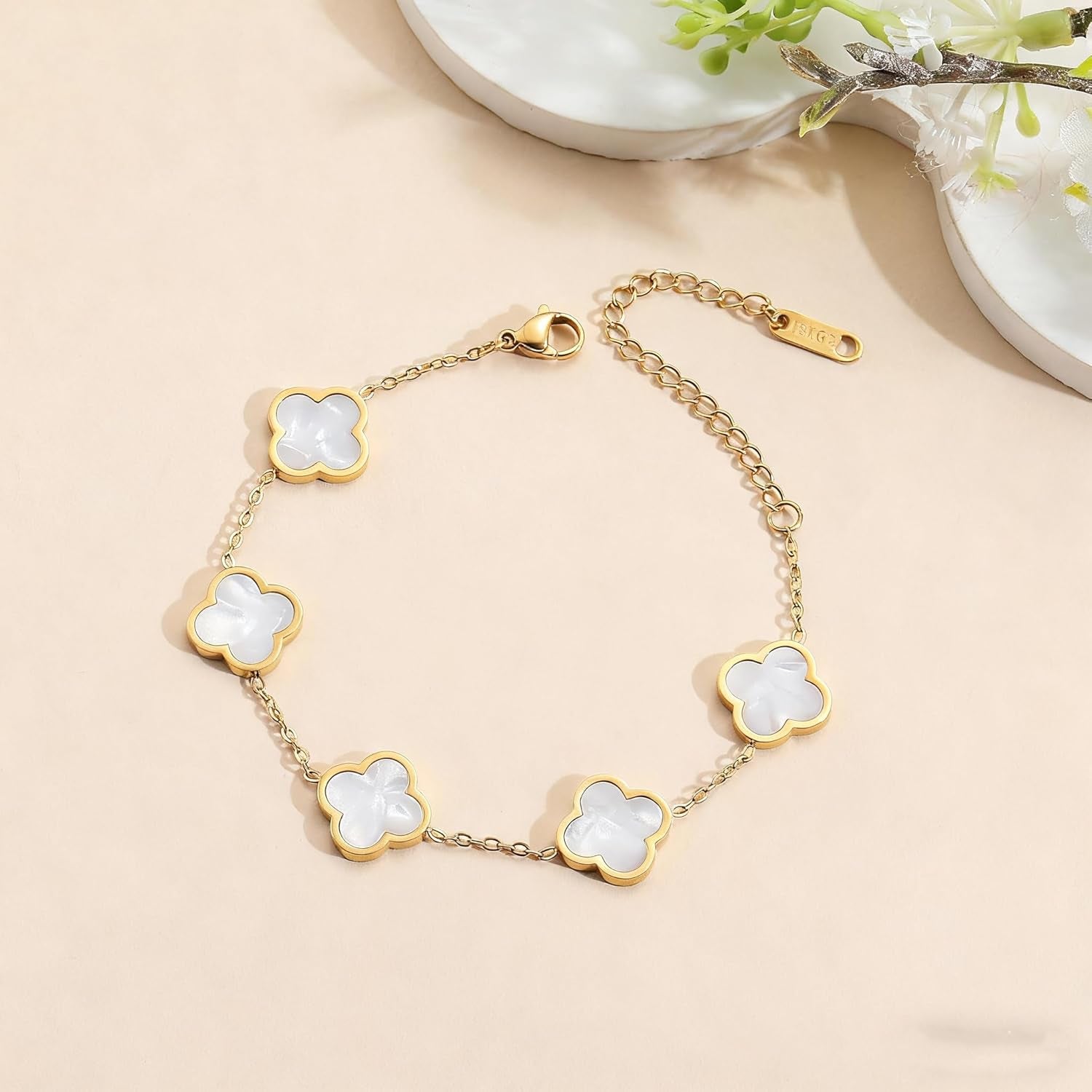 Lucky Clover Sets, 18K Gold Plated Four Leaf Necklace Pendant, Bracelet, Earrings for Women Flower Link Bracelets Set Jewelry Gifts for Women