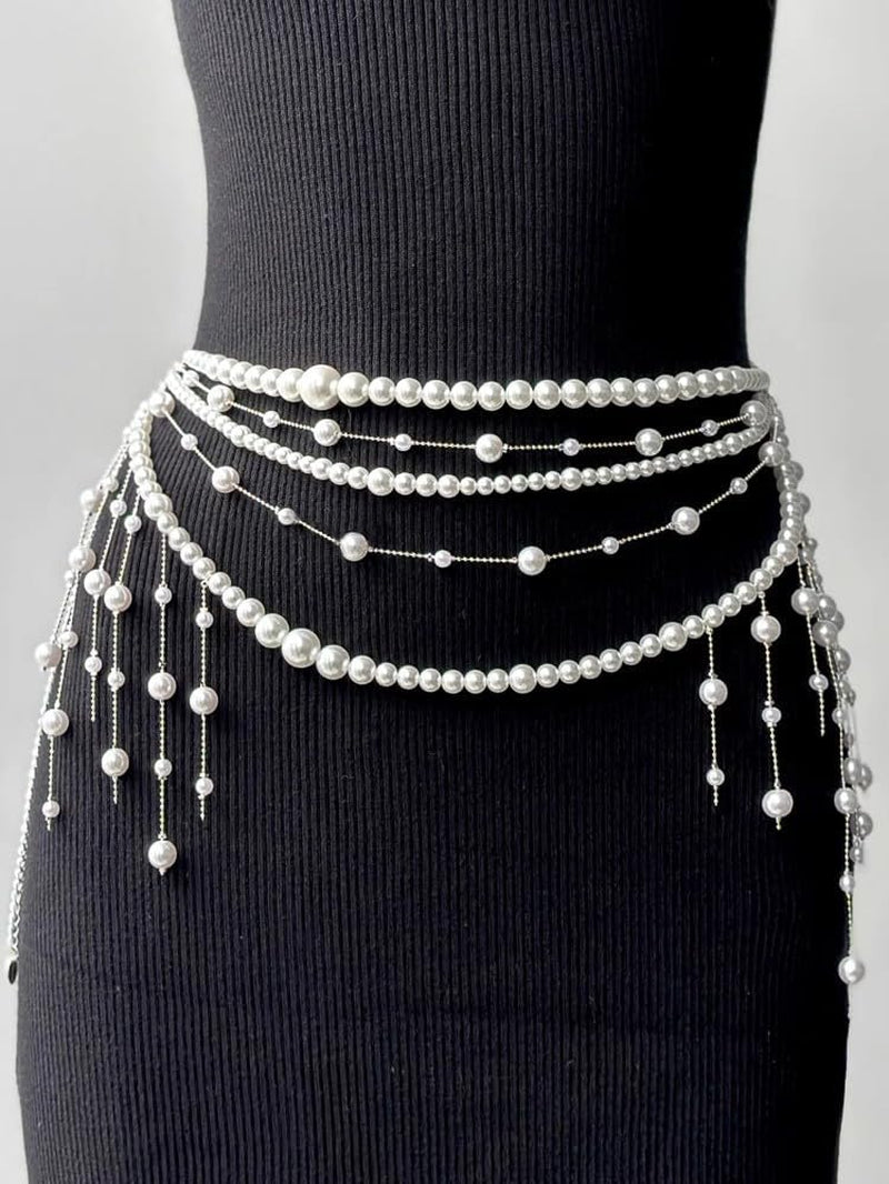 Pearl Tassel Wasit Chain for Women Body Chain Multi-Layer White Pearl Tassel Belly Chain Belts for Women Long Tassel Pendant Layered Pearls Belt for Dresses Wedding Bridal Rave Body Jewelry Accessories