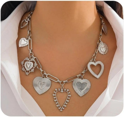 YOOESTORES82 Chunky Heart Pendant Charm Statement Necklace Gold Tone Layered Link Chain Necklaces for Women Romantic Trendy Jewelry Party Gift Glamorous Versatile