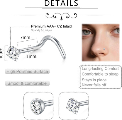 D.Bella Nose Rings 10Pcs 18G Nose Screw Rings Studs Surgical Steel Piercing Jewelry 2Mm Clear CZ Silver