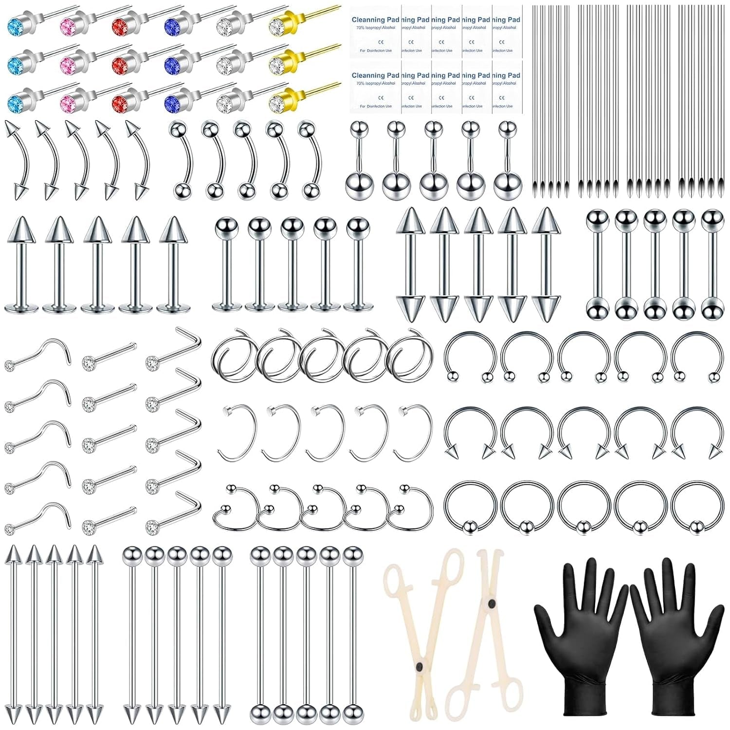 104PCS Body Septum Piercing Kit with 14G/16G/20G Piercing Needles Piercing Jewelry and Tool Set for Ear Nose Belly Button Nipple Lip Cartilage Eyebrow Tongue Navel Piercing Kit for All Piercings