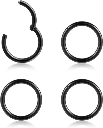 4Pcs 16G 18G 20G Surgical-Steel-Piercing-Ring-Nose-Rings-Hinged-Hoop-Earrings,6Mm 8Mm 10Mm 12Mm Seamless Stainless Steel Clicker Eyebrow Septum Piercing Hoop,Sliver Black Gold Rose Gold Rainbow Body Jewelry Set