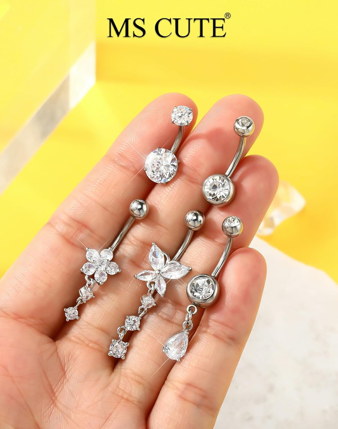 5PCS Belly Button Rings for Women 14G Dangle Navel Piercing Jewelry Set Surgical Stainless Steel Body Jewelry with CZ Butterfly Flower Teardrop Barbell for Beach Festival Daily
