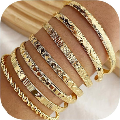 Women's seven piece stackable gold bracelet set