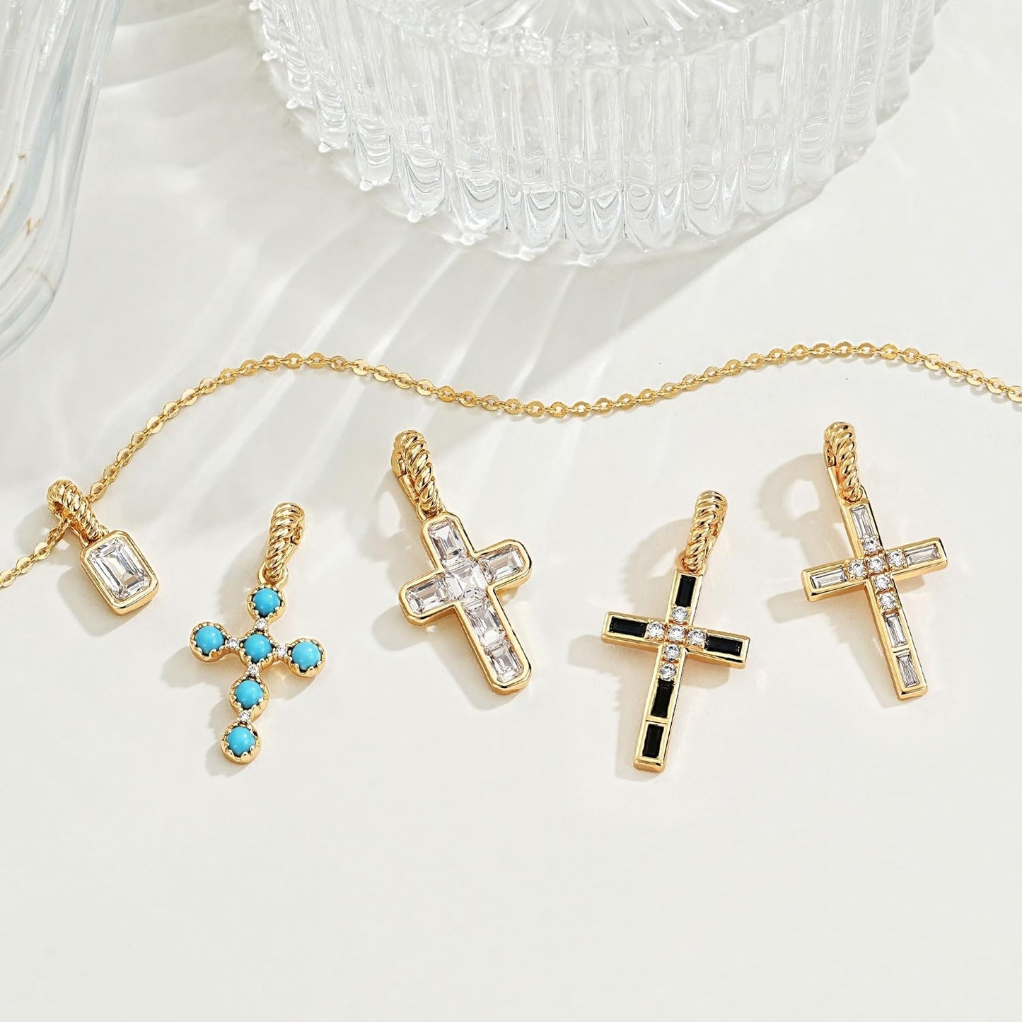 Fettero Gold Cross Necklace for Women - Double Pendant Necklace Dainty 14K Gold Plated Removable Cross Necklace Cute Simple CZ Diamond Necklaces for Women Trendy Faith Gold Jewelry Gift