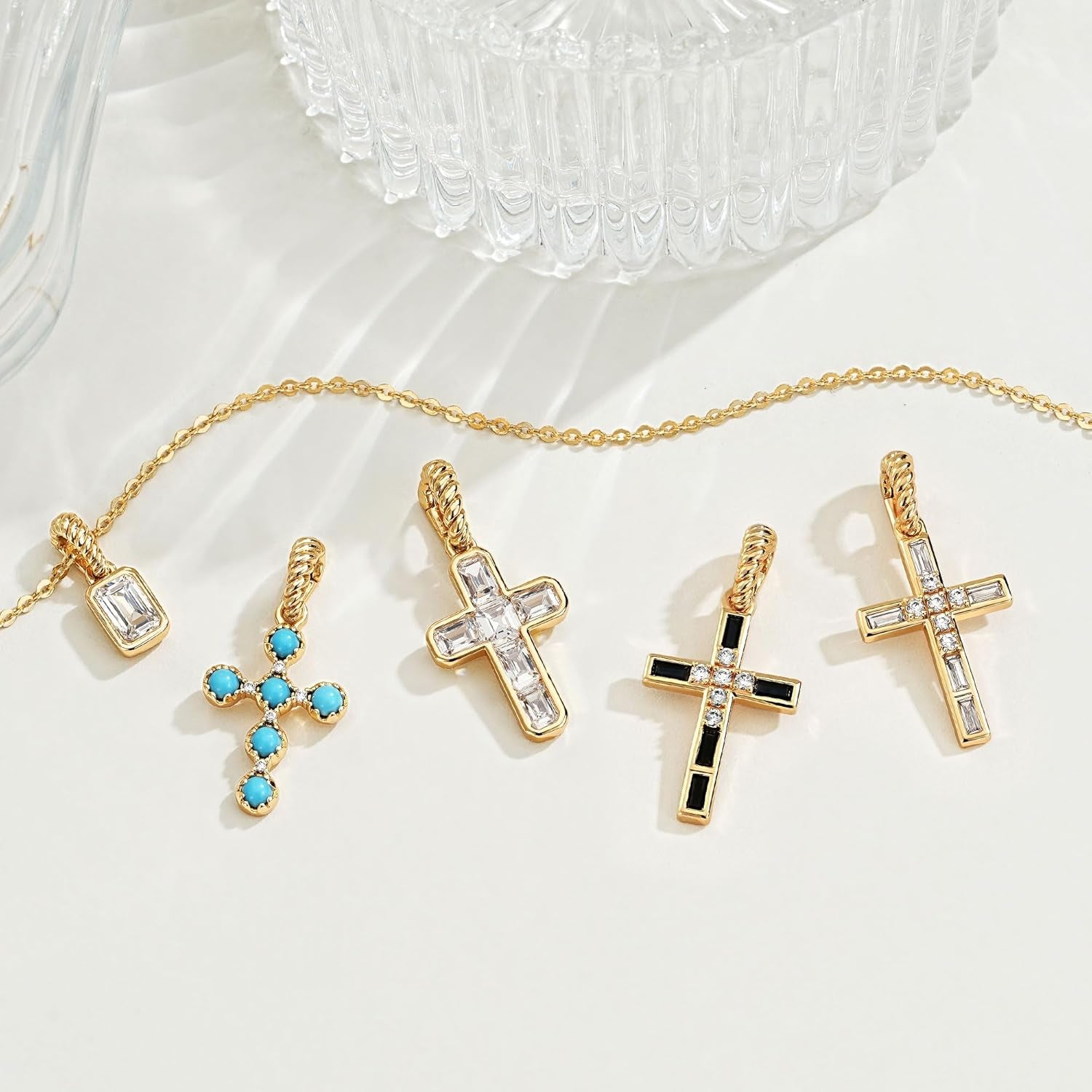 Fettero Gold Cross Necklace for Women - Double Pendant Necklace Dainty 14K Gold Plated Removable Cross Necklace Cute Simple CZ Diamond Necklaces for Women Trendy Faith Gold Jewelry Gift