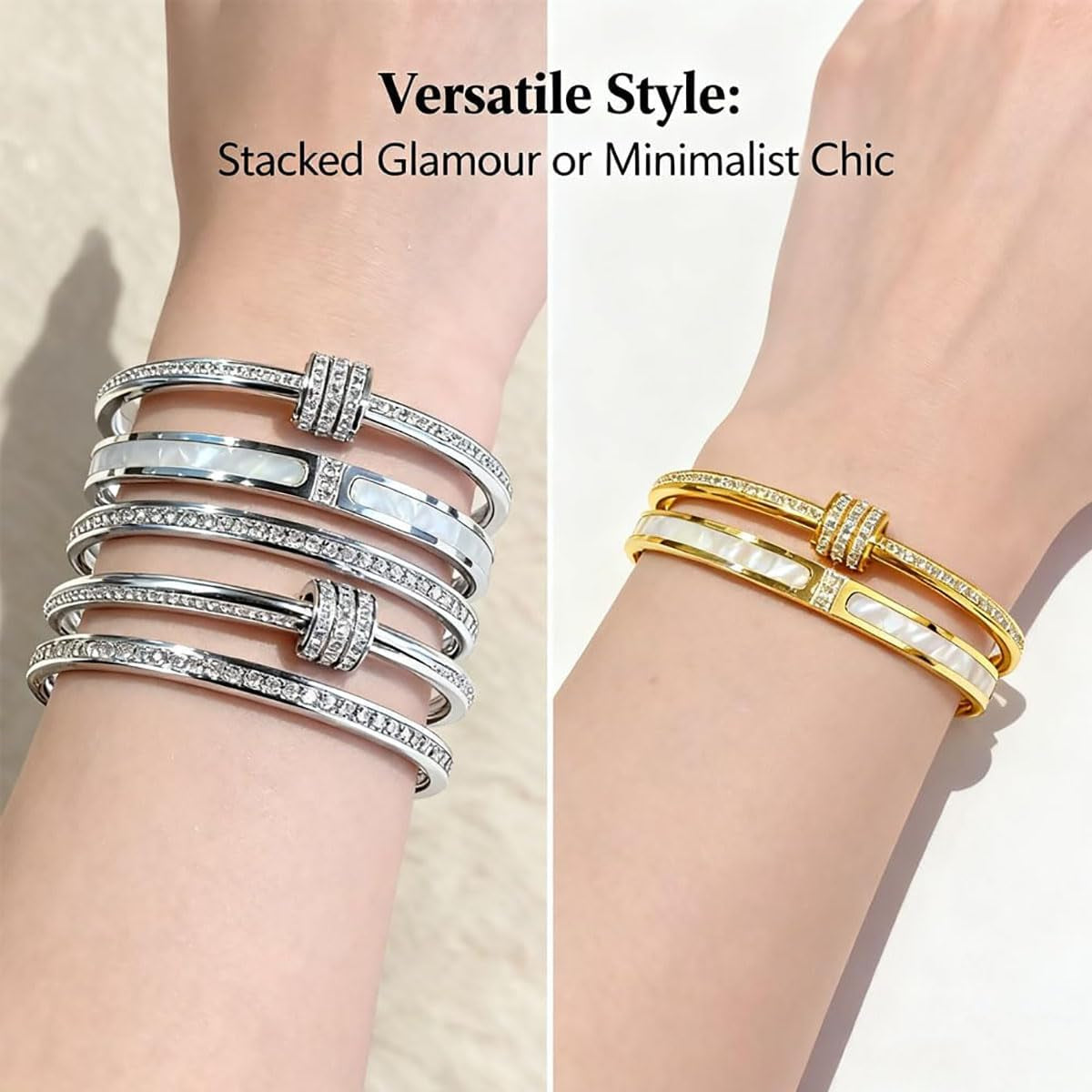 Mixed gold and silver stackable bracelets arranged together