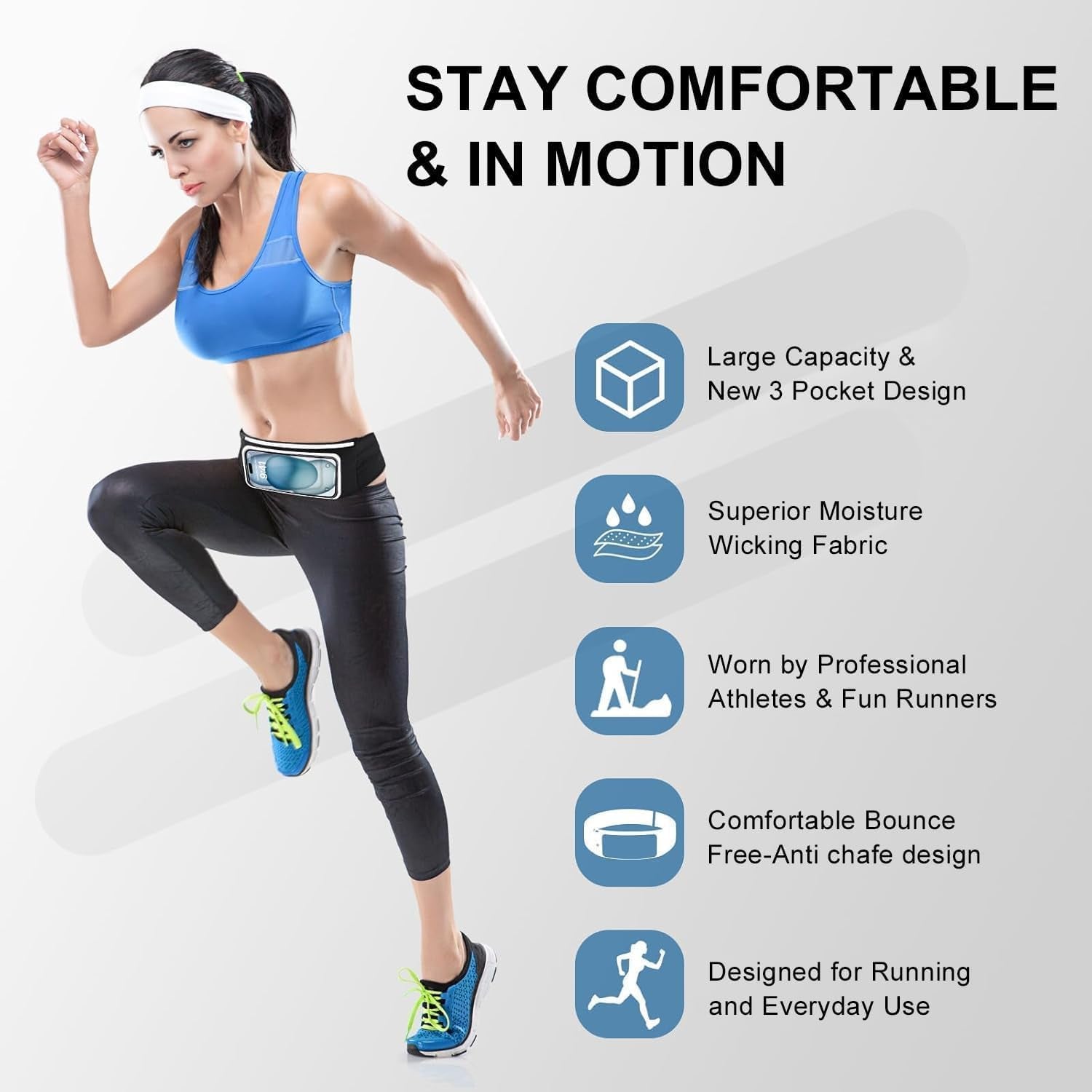Running belt with touchscreen window for iPhone 15 Pro Max access