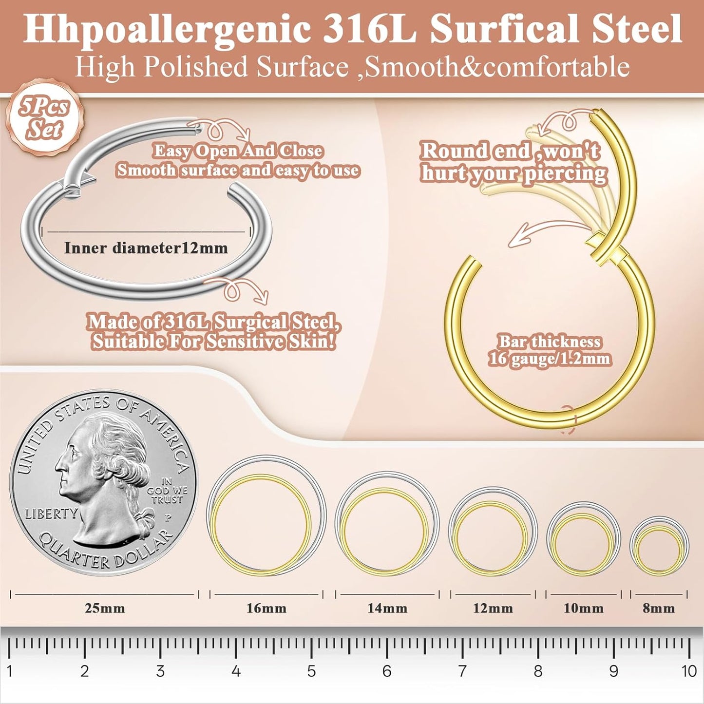 Hypoallergenic 10PCS 16G Large Nose Rings Hoops Set for Women Men, Gold/Silver 316L Surgical Stainless Steel Nose Hoops Hinged Clicker Earrings for Nose Cartilage Body Piercing Jewelry 8/10/12/14/16Mm