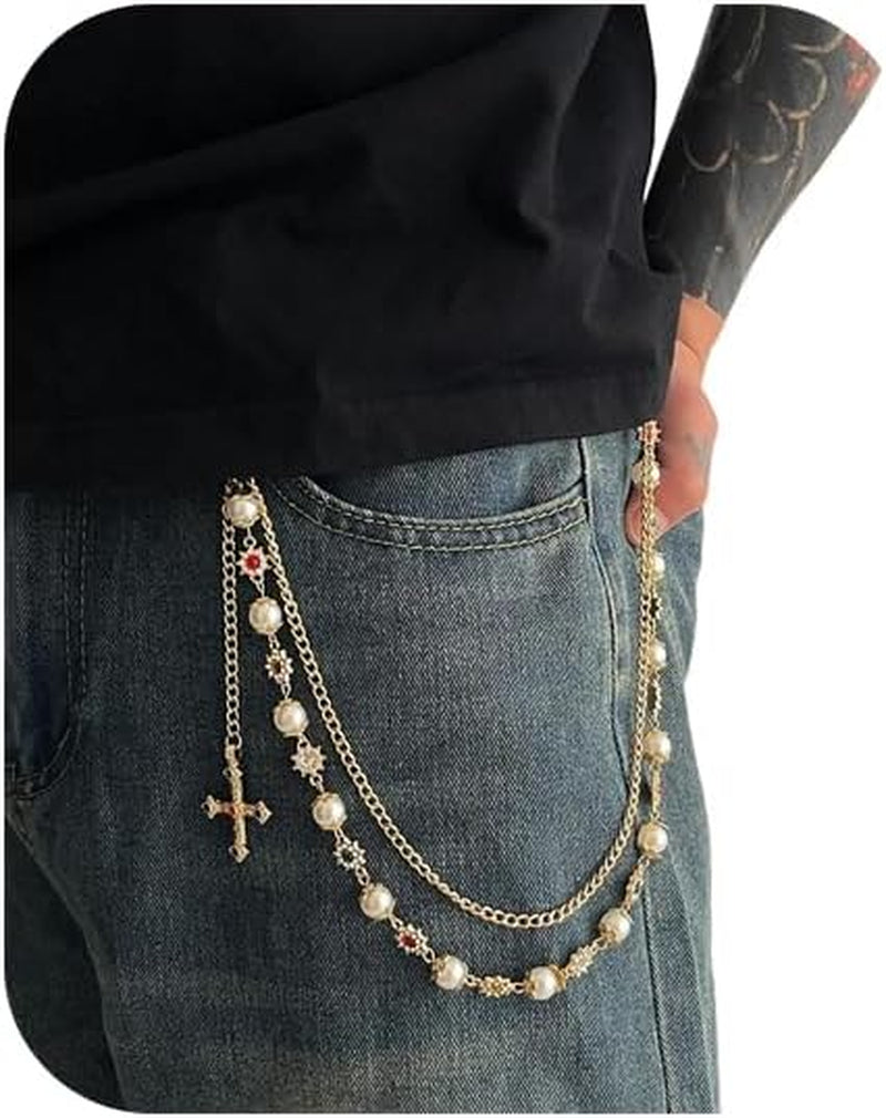Rhinestone Waist Body Chain Jewelry Pearl Waist Belt Goth Cross Pendant Pants Chain Hip-Hop Jean Trouser Keychains Jewelry for Men Women