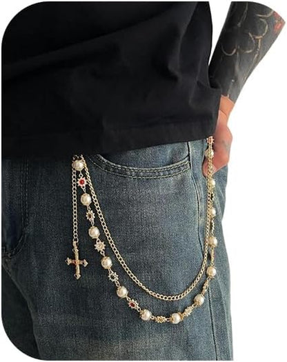 Rhinestone Waist Body Chain Jewelry Pearl Waist Belt Goth Cross Pendant Pants Chain Hip-Hop Jean Trouser Keychains Jewelry for Men Women