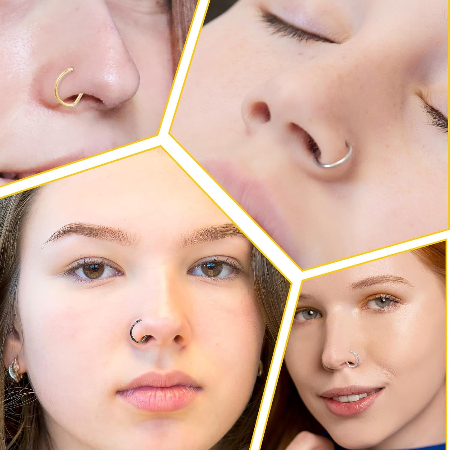 15 PCS Nose Rings Hoop 20G 8Mm, D Shaped Fake Nose Ring Hoops Set Stainless Steel Noses Piercing Jewelry Faux Noserings Nosehoops, Fake Lip Hoop Rings Septum Ring for Women, Silver Gold Black